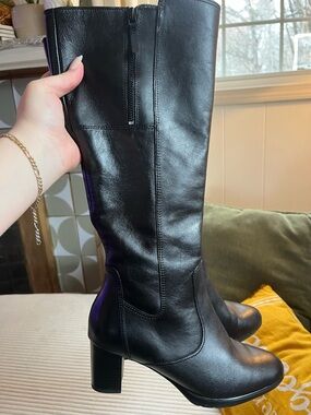 Ara Black Leather Knee-High Block Heel Boots